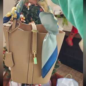 Women’s Tan Bucket Tote with Blue Scarf Accent